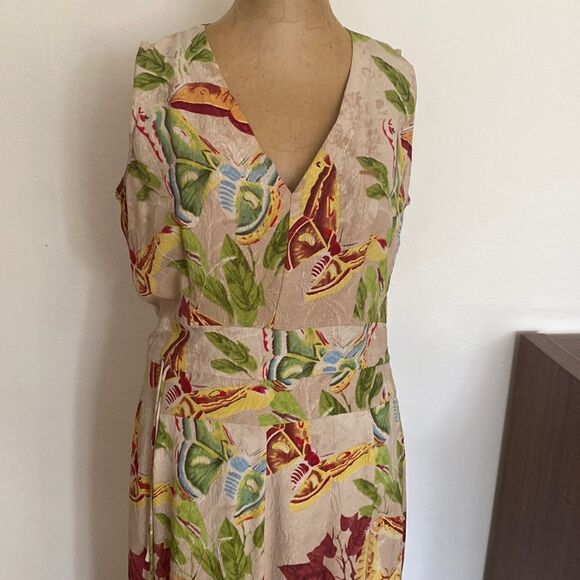 Citron silk dress sz M Luna moth leaf print beige green red yellow EUC waist tie - Picture 1 of 8